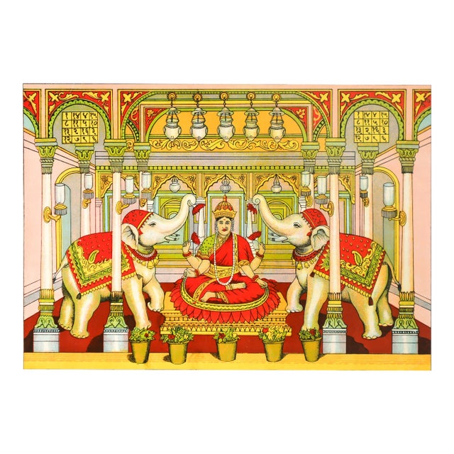 1920 Indian Offset Lithography, "Shri Mahalaxmi" Woman Sitting With Two Elephants (Ravi Udaya Vijaya For Sale