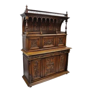 Gothic Renaissance Revival Carved Walnut Dragon Griffin Sideboard Buffet Cabinet