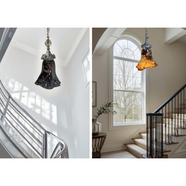 This pendant lamp is a one‑of‑a‑kind mixed‑media piece designed using hand‑blown art glass paired with antique sculptural...