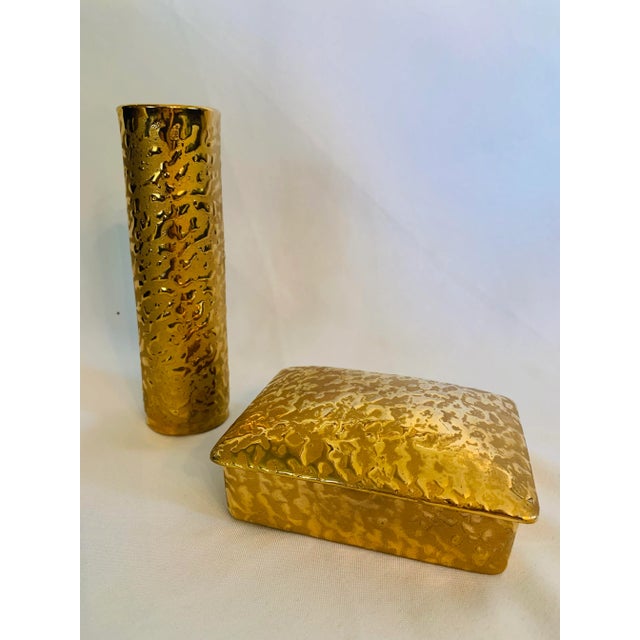 1970s 22 Kt Gold Ceramic Bud Vase and Trinket Box Vanity Set - 2 Pieces For Sale - Image 13 of 13