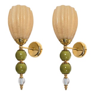 1990s Olive Green and Amber Murano Glass Sconces - a Pair For Sale
