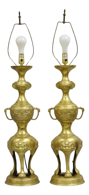 Vintage Chinoiserie James Mont Style Brass Chinese Foo Dog Table Lamps - A Pair