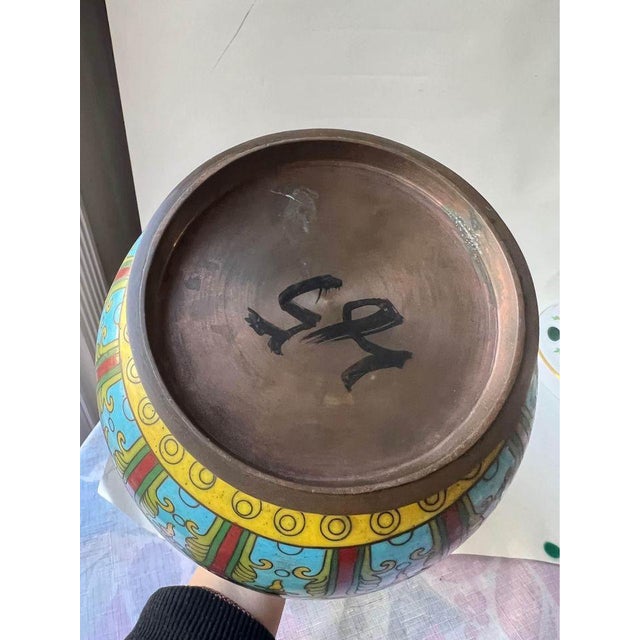 Copper Antique Old Asian Chinoiserie Enameled Copper Vase For Sale - Image 8 of 10