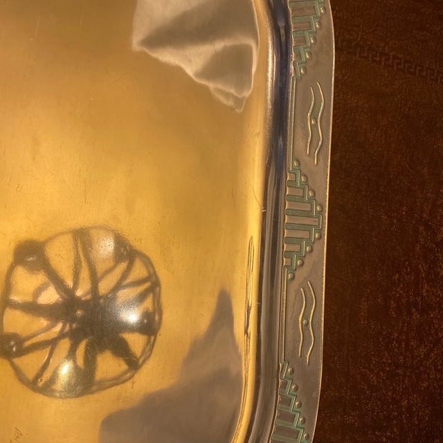 Late 20th Century Wilton Company Pweter Armetale Metal Platter "Songs and Sonnetts" Native American Pattern With Turquoise Highlighting For Sale - Image 4 of 8