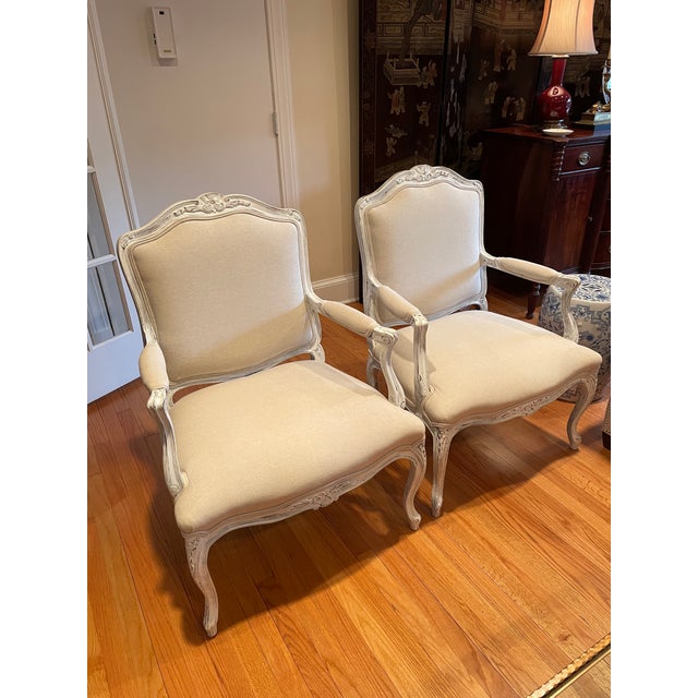 Textile Louis XV Style Whitewashed and Upholstered Chairs in Belgian Linen - A Pair, 20th Century For Sale - Image 7 of 7