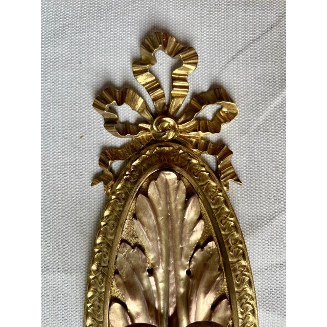 Antique French Regency Style Brass Gold Bow and Ribbon Double Candle Sconces - a Pair For Sale - Image 4 of 12