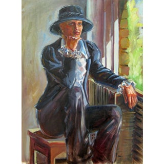 Original Oil Portrait Painting: Young Woman in Hat, Ukrainian Art 80-60 For Sale