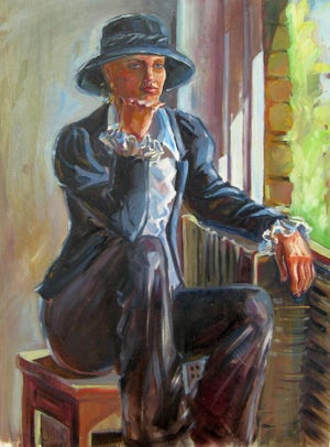 Original Oil Portrait Painting: Young Woman in Hat, Ukrainian Art 80-60