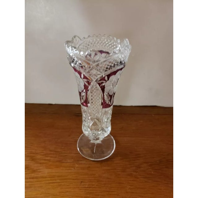 This is a Vintage Anna Hutte Bleikristall Vase with Sawtooth Trim & Frosted Floral Motif. It measures 7" high and 3“ in...
