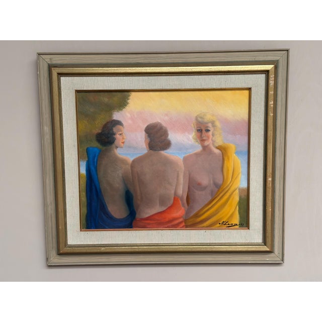 N. Leon, Three Women, 1947, Oil Painting on Panel, Framed For Sale - Image 18 of 18