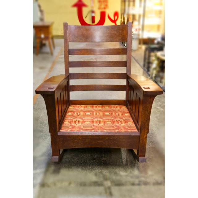 Wood Arts & Crafts Style Stickley Bow Arm Oak Rocker With Loose Cushions For Sale - Image 7 of 12