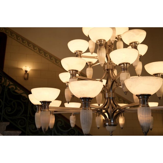 Metal Art Deco Chandelier with Alabaster Bowls and Illuminated Cones, 1990s For Sale - Image 7 of 18