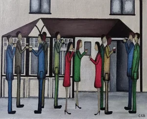 Outside the Pub. Contemporary Figurative Oil Painting by Christopher Barrow
