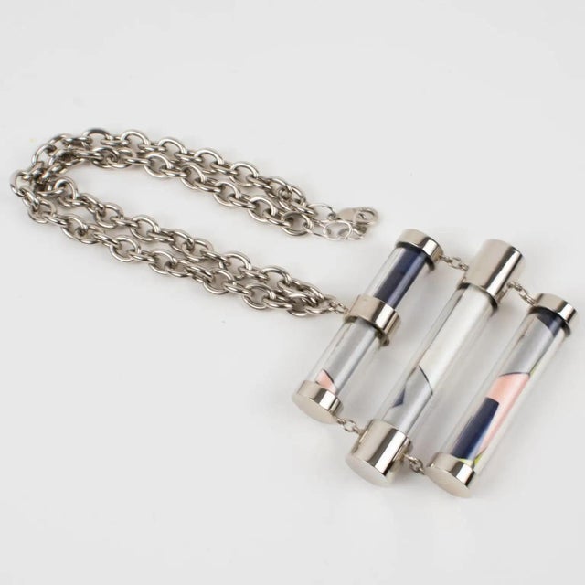 Emilio Pucci Emilio Pucci Futuristic Silvered Metal and Silk Abstract Geometric Necklace For Sale - Image 4 of 9