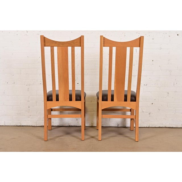 Charles Rennie Mackintosh Style Arts & Crafts Inlaid Oak High Back Side Chairs or Dining Chairs, Pair For Sale - Image 10 of 12