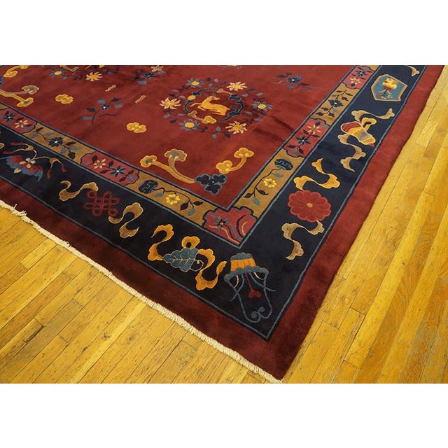 Early 20th Century 1900s Ruby Red Floral Medallion Antique Chinese Art Deco Rug 9'4" X 11'6" Handknotted Wool Carpet For Sale - Image 5 of 5
