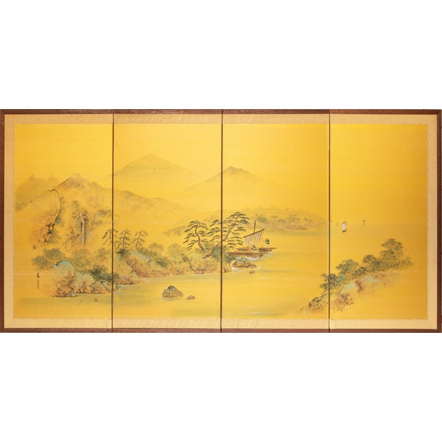 C. 1960s "Landscape With River and Boats", Showa Era Japanese Painted Silk Byobu Screen For Sale - Image 18 of 18
