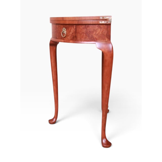 Baker Furniture Burled Walnut Queen Anne Flip Top Demilune Console Table For Sale - Image 9 of 11