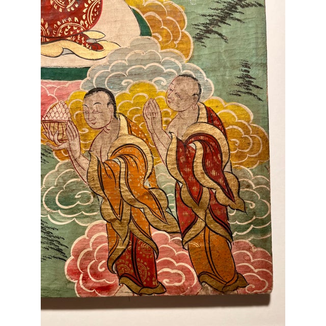 Yellow Vintage Traditional Tibetan Buddhist Thangka Hand-Painted Mineral Pigment on Cotton For Sale - Image 8 of 11