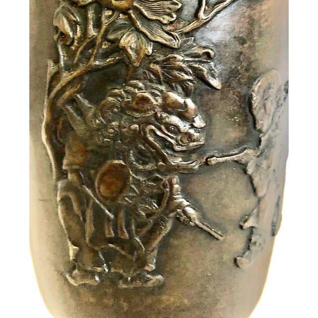 Japanese Japanese Meiji Era Patinated Bronze Vase With Peonies and a Child For Sale - Image 3 of 15