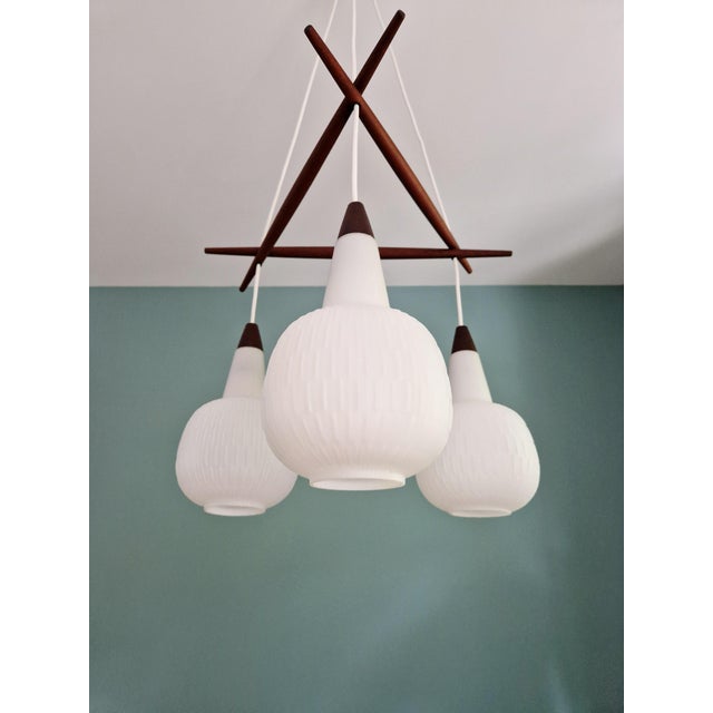 Scandinavian Chandelier in Teak and White Opaline Glass, 1960s For Sale - Image 4 of 18