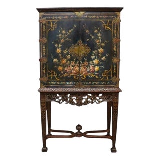 2-Piece Chinoiserie HND Painted & Carved Floral Cabinet C1910 For Sale