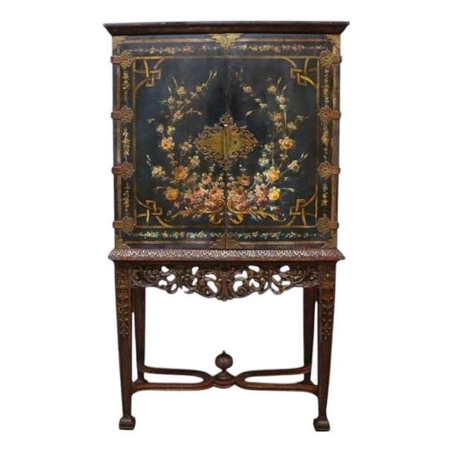 2-Piece Chinoiserie HND Painted & Carved Floral Cabinet C1910 For Sale