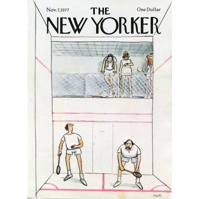 Original early New Yorker magazine cover dated November 7, 1977 featuring a Racquetball theme. Based on an illustration by...