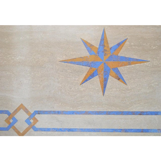 Modern Light Travertine Table with Inlay in Blue Scagliola and Yellow Base by Cubioli for Cupioli Living For Sale - Image 3 of 5