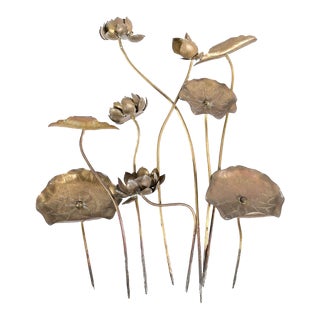 Antique Early 20th Century Chinese Brass Lily Pads and Lotus Flowers For Sale