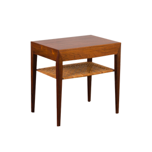 Rosewood and Cane Side Tablewith Hidden Drawer by Severin Hansen for Haslev, Denmark, 1960s