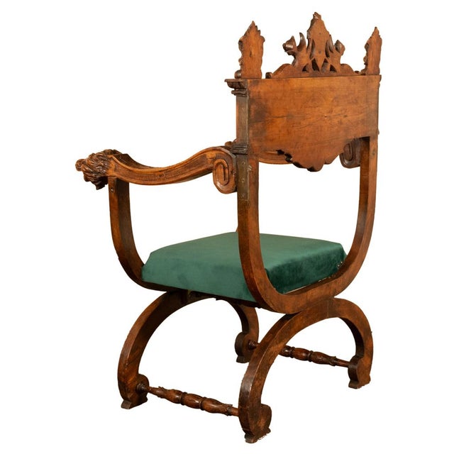 Wood Antique Renaissance Revival Carved Walnut Green Man Savonarola Chair Circa 1890 For Sale - Image 7 of 17
