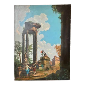 Italian Oil on Canvas Landscape With Roman Ruins