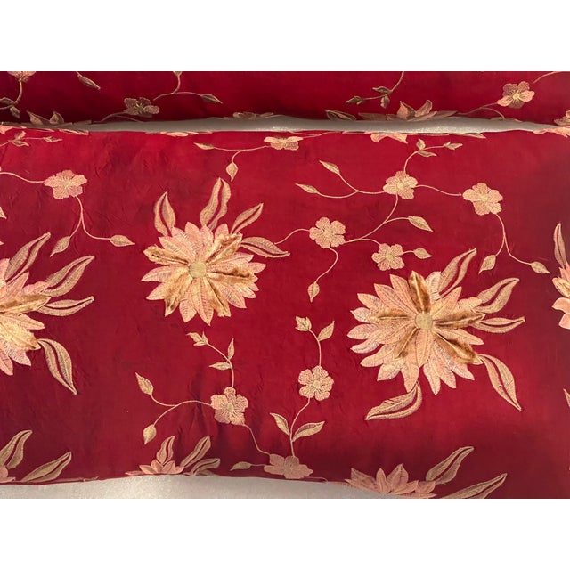 Gorgeous antique pair of burgundy silk pillows with embroidered silk and velvet flowers. Decorated with tassels. Duck...