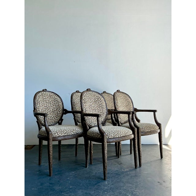 Vintage Boho Faux Bois Leopard Dining Chairs - Set of 5 For Sale In West Palm - Image 6 of 12
