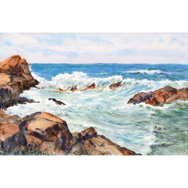 Dynamic and energetic watercolor of waves crashing into coastal rocks by Joe Yeager (American, 20th Century). Signed in...