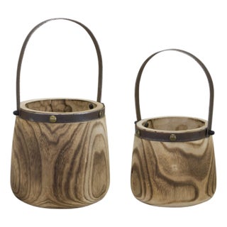 Natural Wooden Pail Planter with Metal Handle Accent (Set of 2) For Sale