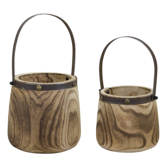 Natural Wooden Pail Planter with Metal Handle Accent (Set of 2) For Sale