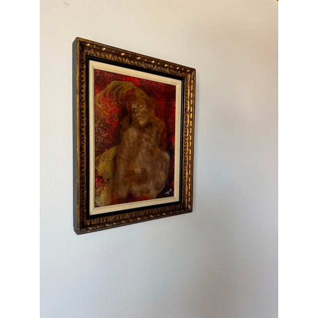 A captivating 1960s vintage mixed media oil on canvas painting by listed American artist Lester Russian (1925–1988),...