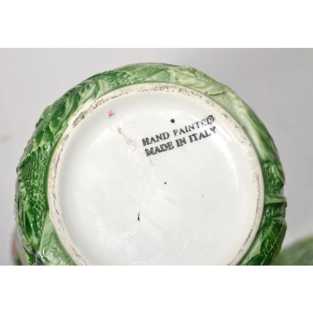 Pair, Italian 3d Majolica Floral Vases Roses Green Pink Yellow Hand-Painted For Sale - Image 11 of 13