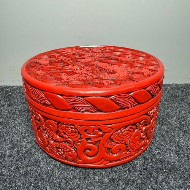 Wood 1970s Carved Cinnabar Lacquer Round Box, Dragon and Carp Among Waves, Lidded Scholar's Seal Paste Box For Sale - Image 7 of 9