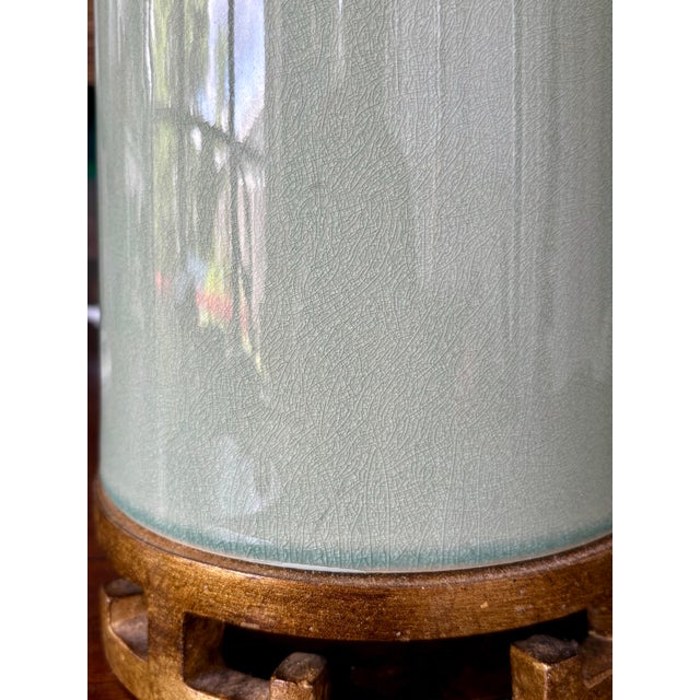 Celadon 1960s Mid-Century Modern Celadon Crackle-Glaze Ceramic & Wood Table Lamp For Sale - Image 8 of 15