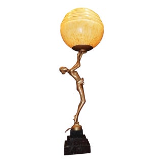 Art Deco French Bronze Dancer Table Lamp with Opaline Glass Globe, 1930s For Sale