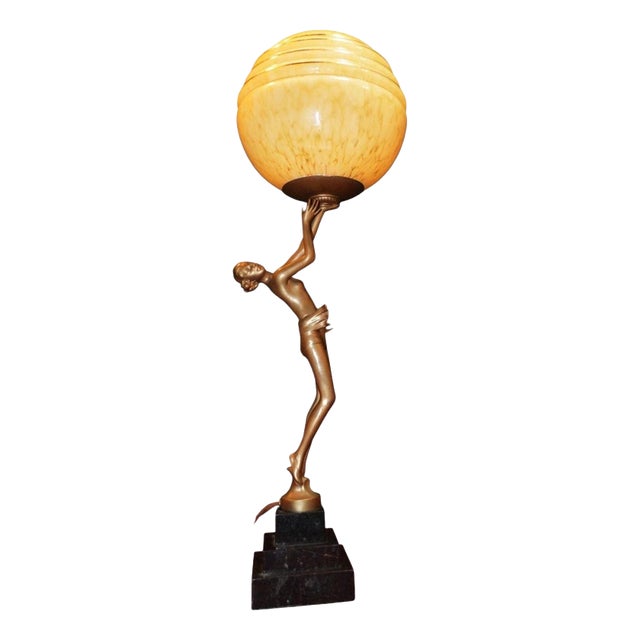 Art Deco French Bronze Dancer Table Lamp with Opaline Glass Globe, 1930s For Sale