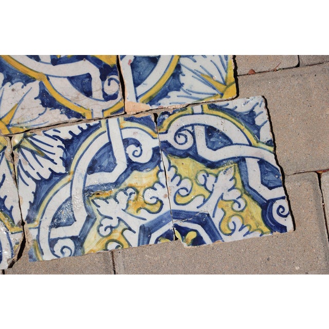 Yellow 17th Century Portuguese Antique Tiles Set of 6 Blue, Yellow & White Geometric Floral For Sale - Image 8 of 10