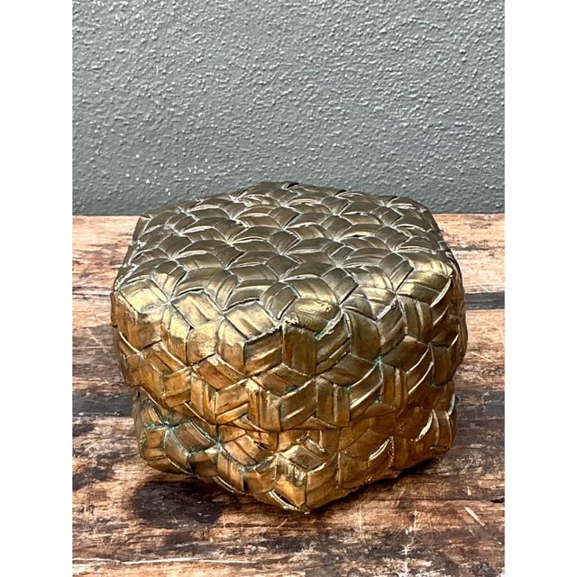 Brass Vintage Gilded Rattan Decorative Hexagon Box For Sale - Image 8 of 12