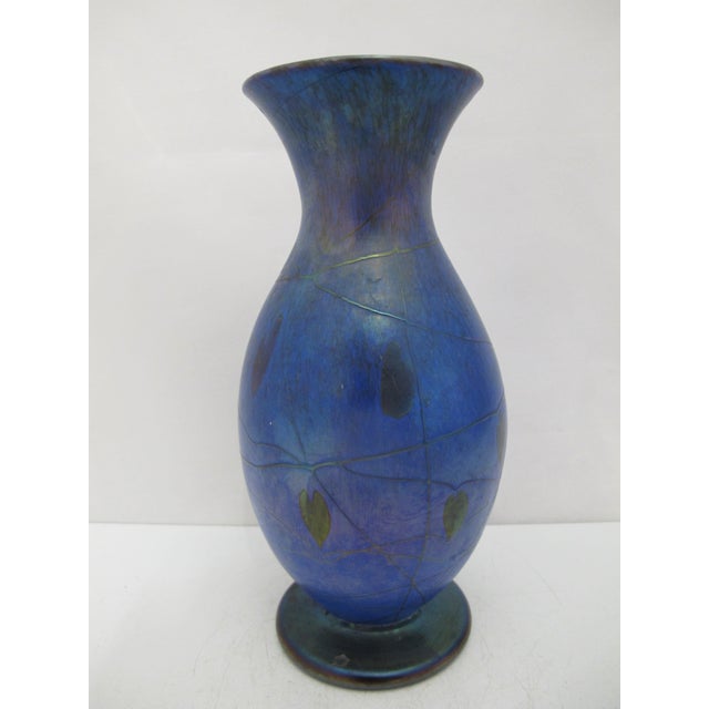 Donald Carlson Iridescent Blue Splatter Studio Art Glass Trumpet Vase For Sale In Portland, OR - Image 6 of 12