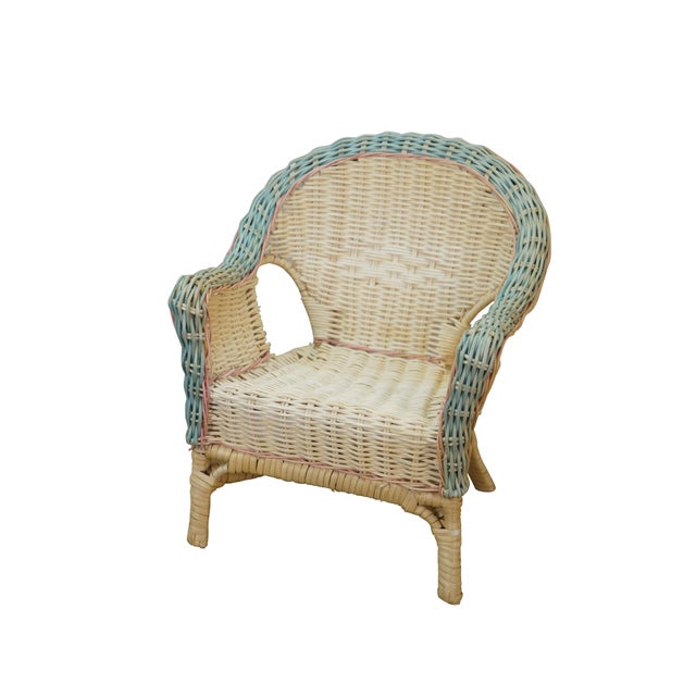 Pair of late 20th century doll sized woven wicker barrel back armchairs - white with pink and blue trim. Made in China....