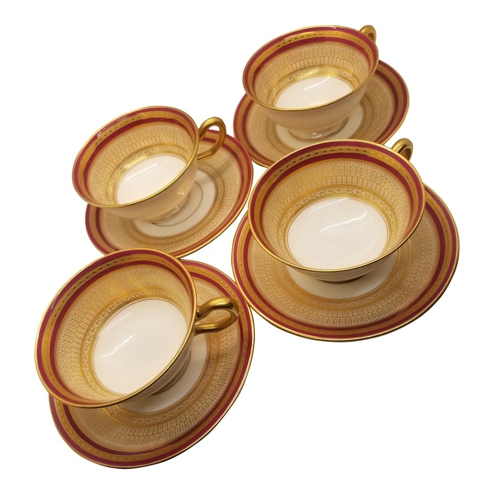 Vintage Lenox Cranberry and Gold Ivory Fine China Tea Cups and Saucers (Set of 4), Numbered