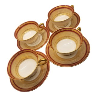 Vintage Lenox Cranberry and Gold Ivory Fine China Tea Cups and Saucers (Set of 4), Numbered For Sale